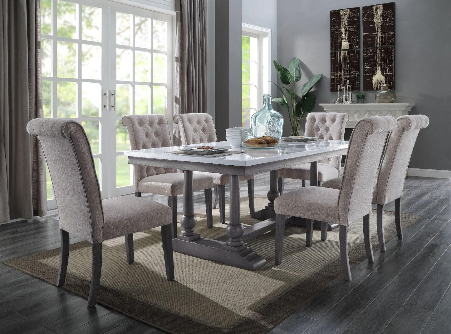 ACME Yabeina Dining Table , Marble Top & Gray Oak Finish