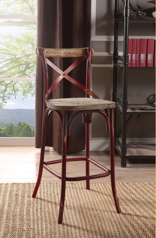 ACME Zaire Bar Chair (1Pc), Antique Red & Antique Oak, 29" Seat Height