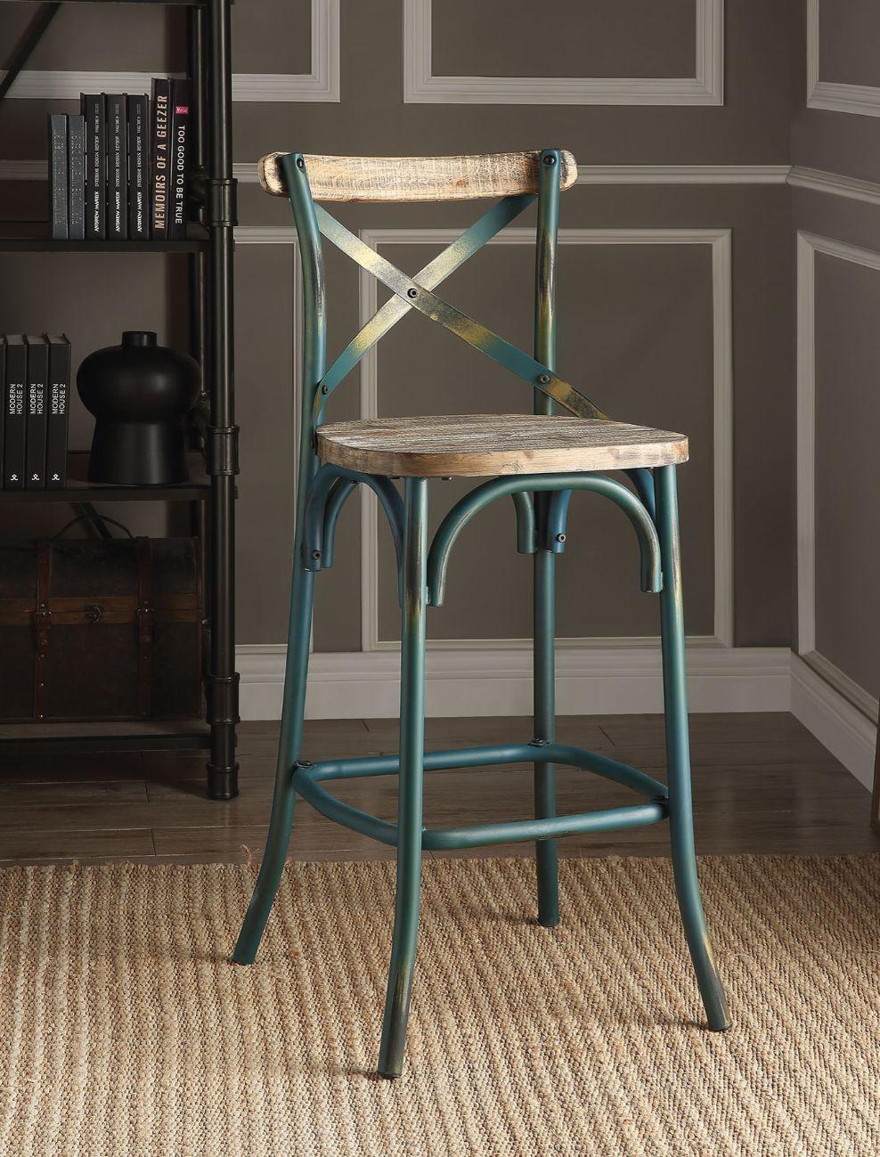 ACME Zaire Bar Chair (1Pc), Antique Turquoise & Antique Oak, 29" Seat Height