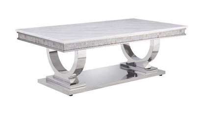 ACME Zander Coffee Table, White Printed Faux Marble & Mirrored Silver Finish