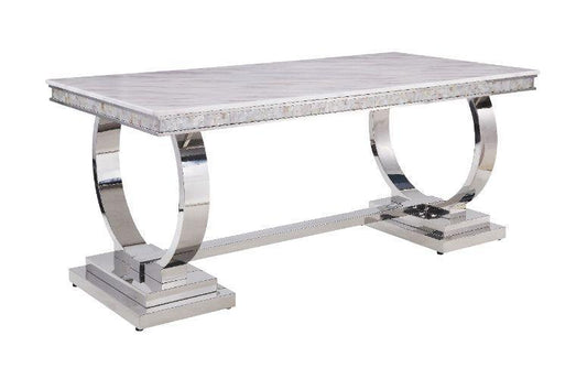 ACME Zander Dining Table, White Printed Faux Marble & Mirrored Silver Finish