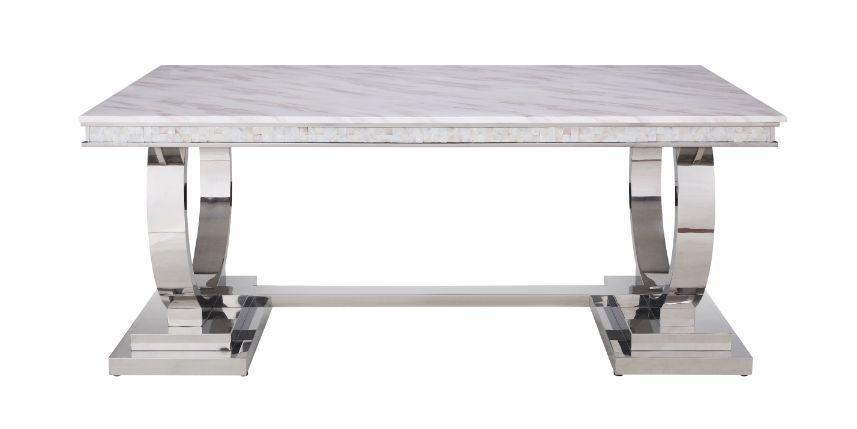 ACME Zander Dining Table, White Printed Faux Marble & Mirrored Silver Finish