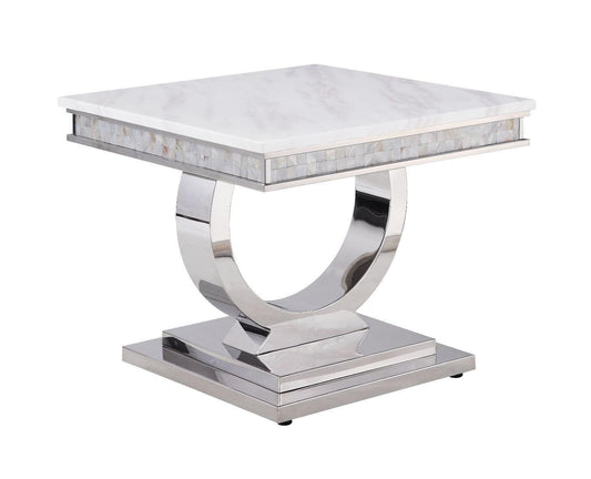 ACME Zander End Table, White Printed Faux Marble & Mirrored Silver Finish