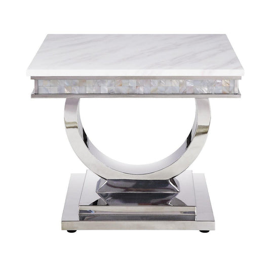 ACME Zander End Table, White Printed Faux Marble & Mirrored Silver Finish