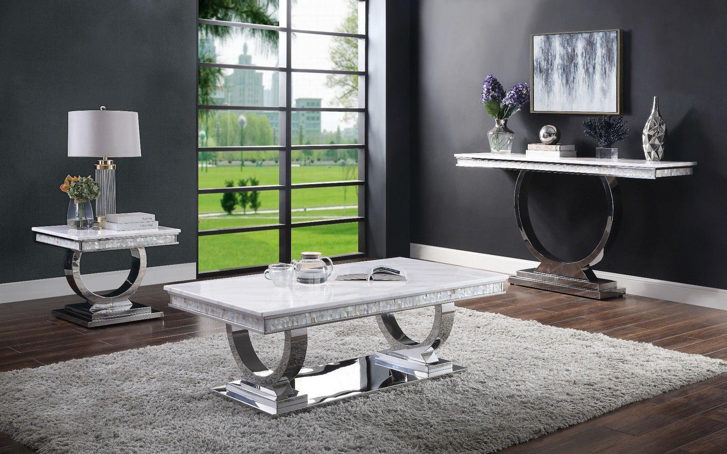 ACME Zander End Table, White Printed Faux Marble & Mirrored Silver Finish