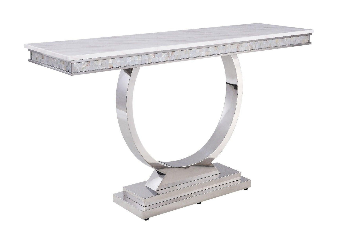 ACME Zander Sofa Table, White Printed Faux Marble & Mirrored Silver Finish