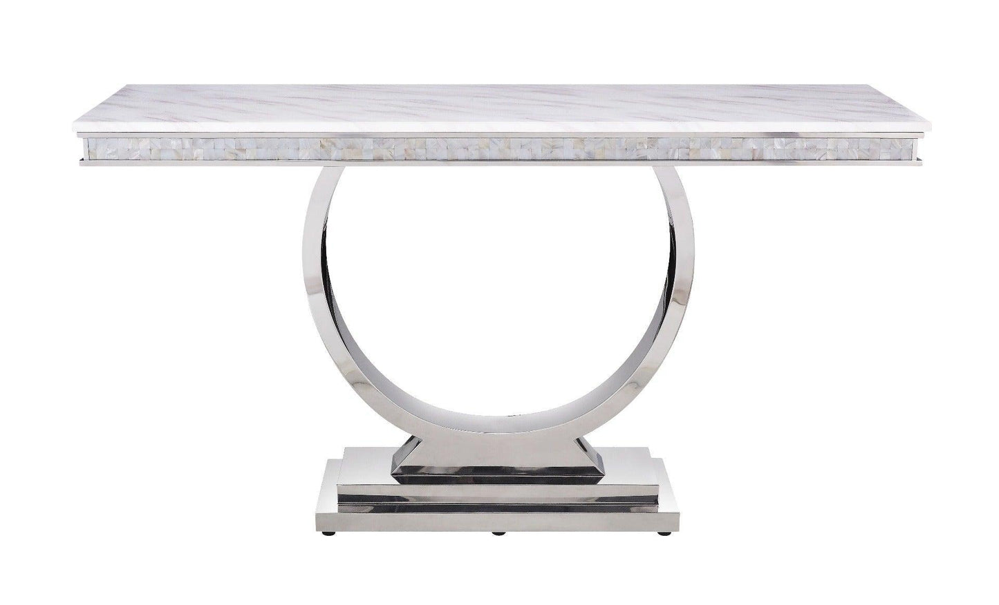 ACME Zander Sofa Table, White Printed Faux Marble & Mirrored Silver Finish