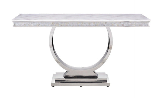 ACME Zander Sofa Table, White Printed Faux Marble & Mirrored Silver Finish