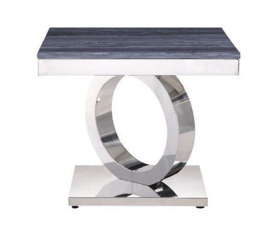 ACME Zasir End Table, Gray Printed Faux Marble & Mirrored Silver Finish